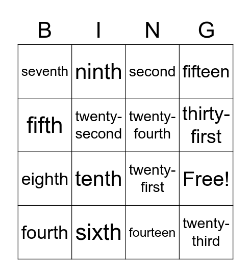 Ordinal Numbers Bingo Card