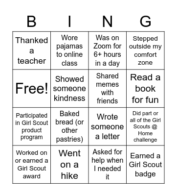 Girl Scout Quarantine Bingo Card