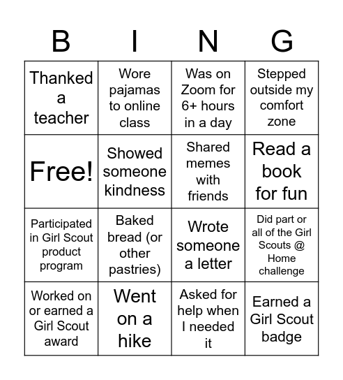 Girl Scout Quarantine Bingo Card