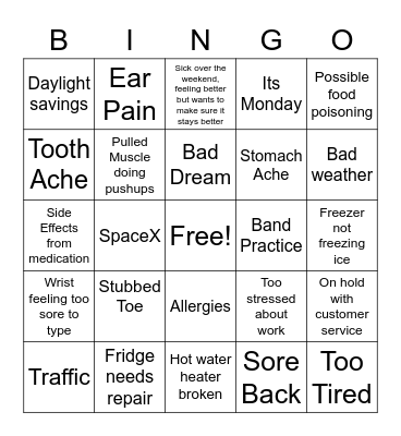 Reasons Paul Can't Work Bingo Card