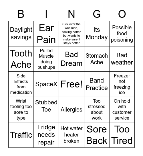 Reasons Paul Can't Work Bingo Card