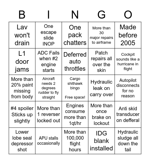 CARGO SHITHAWK BINGO Card