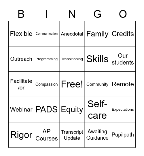 2020-2021 Pandemic Edition Bingo Card