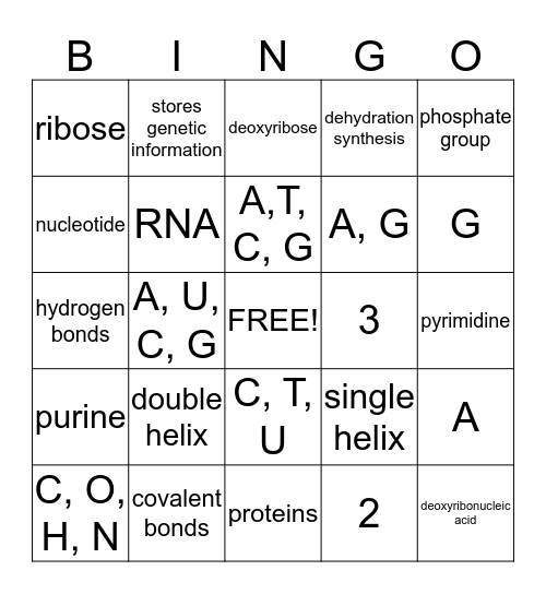 Nucleic Acid Bingo Card