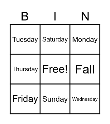 Days and Seasons Bingo Card