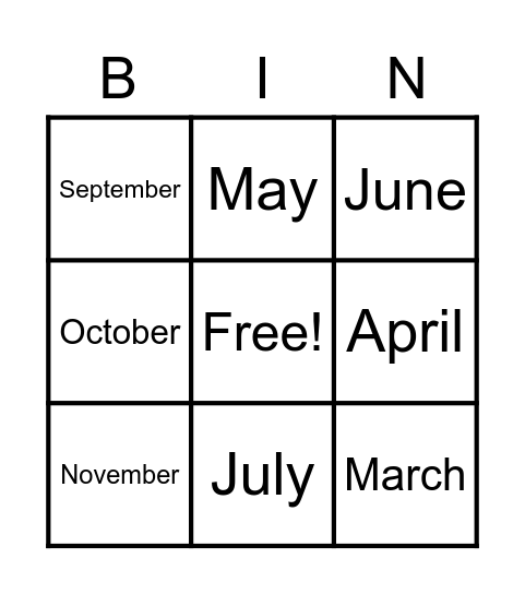 Months of the Year Bingo Card