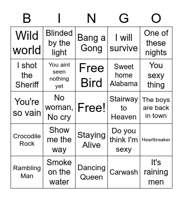 70s Music Bingo Card