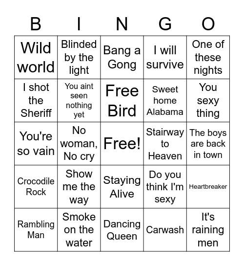 70s Music Bingo Card