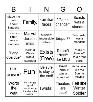 Black Widow Reactions Bingo Card