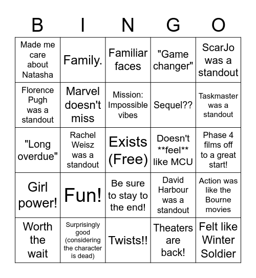 Black Widow Reactions Bingo Card