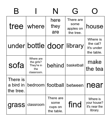 1B Unit 18 Where is the cat? Bingo Card