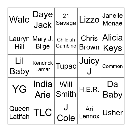 Round 2  "I'm Black and I'm Proud" Hip-Hop/R&B Bingo Card