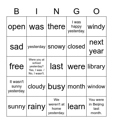2B Unit 17 I was at home yesterday. Bingo Card