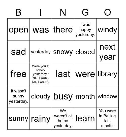 2B Unit 17 I was at home yesterday. Bingo Card