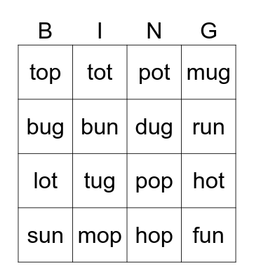 G3 U3-4 Phonics Bingo Card