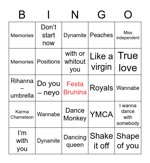 Festa Brunina - Bingo Musical Bingo Card