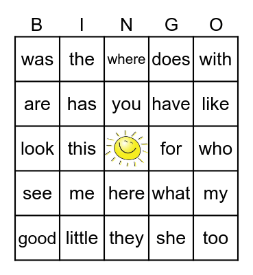 Sight Words Bingo Card