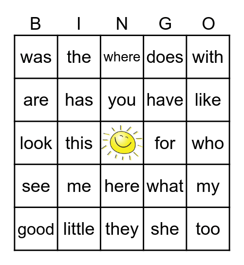 Sight Words Bingo Card
