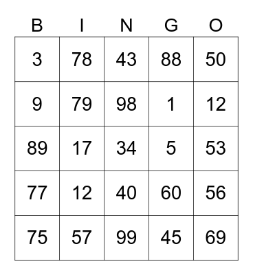 bingo -1 to 100 Bingo Card