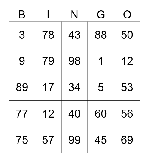 bingo -1 to 100 Bingo Card