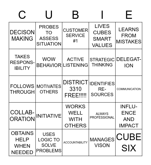 CUBESMART "SMART" BEHAVIORS Bingo Card