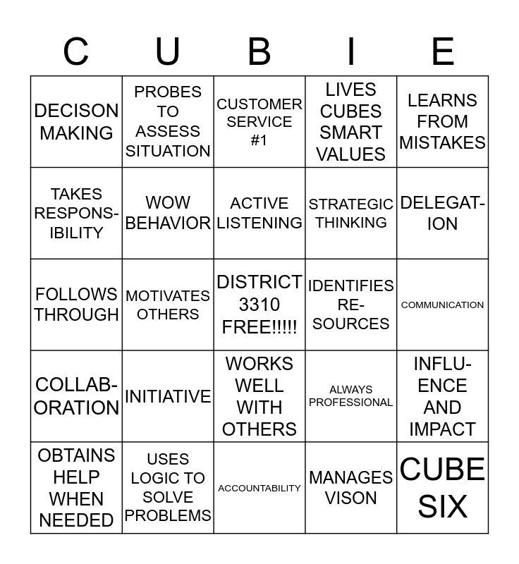 CUBESMART "SMART" BEHAVIORS Bingo Card