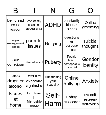mental health issues bingo Card
