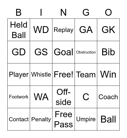 Netball Bingo Card