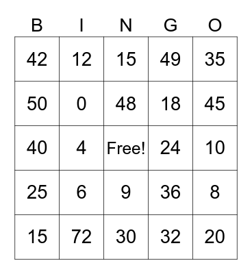 Multiplication Bingo Card
