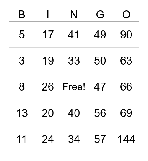 Multiplication & Division Bingo Card