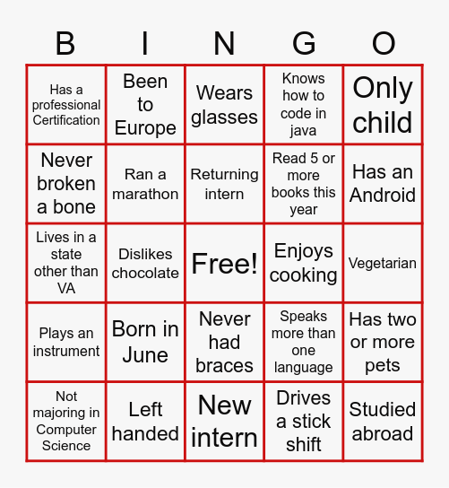 Intern Networking Bingo Card
