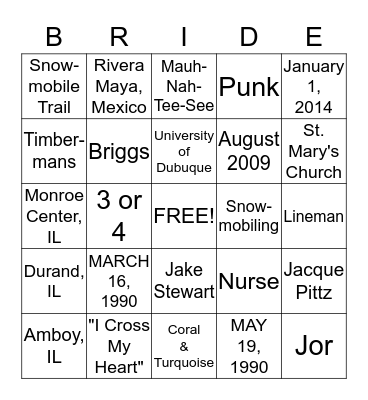 BRIDAL BINGO Card