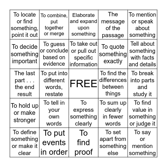 Testing Vocab Bingo Card