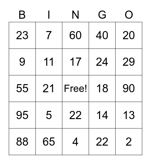 Math Bingo Card