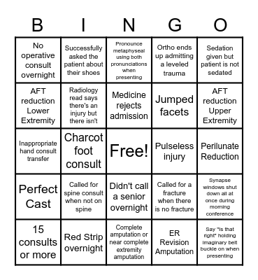 2021-22 Trauma Call Bingo Card