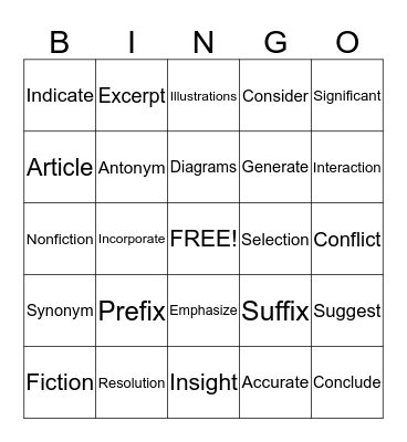 Reading Vocabulary Bingo Card