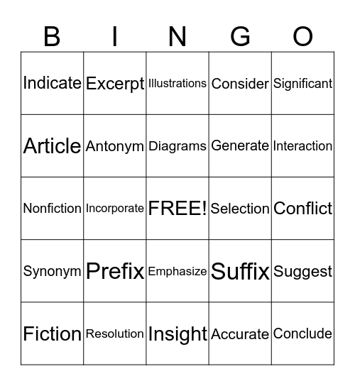 Reading Vocabulary Bingo Card