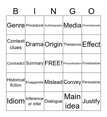 Reading Vocabulary Bingo Card