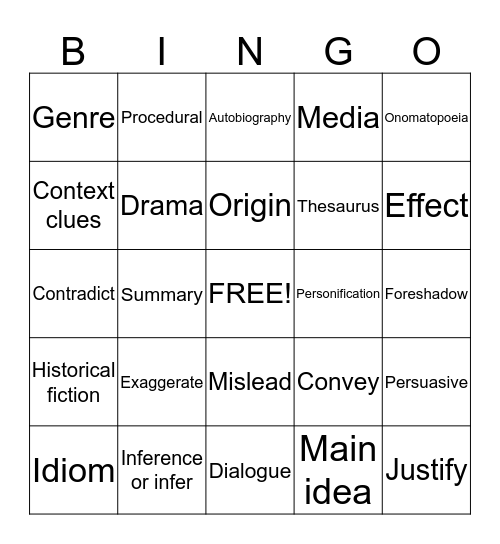 Reading Vocabulary Bingo Card