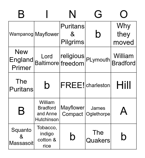 2nd colonies Bingo Card