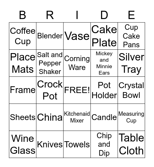 Bride Bingo Card