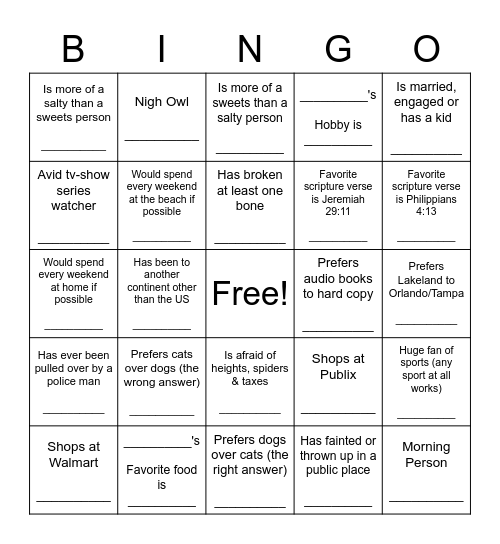 Young Adults Co-Ed (18-30’s) Bingo Card