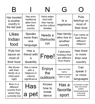 Cultural Diversity Bingo Card