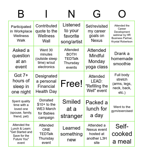 L3Harris Employee Wellness Week (6/21 - 7/1) Bingo Card