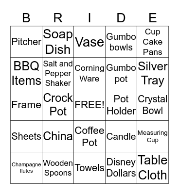 Bride Bingo Card
