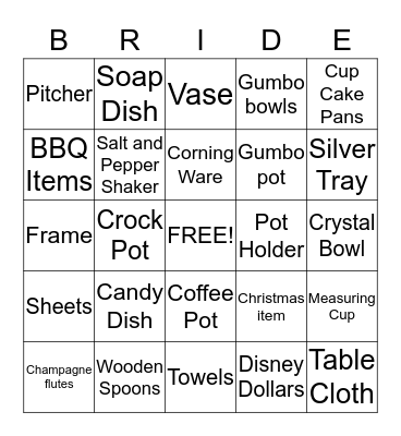 Bride Bingo Card