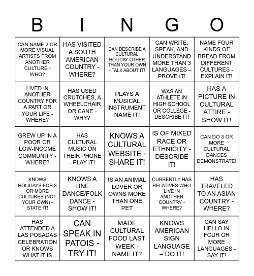 CULTURAL BINGO Card