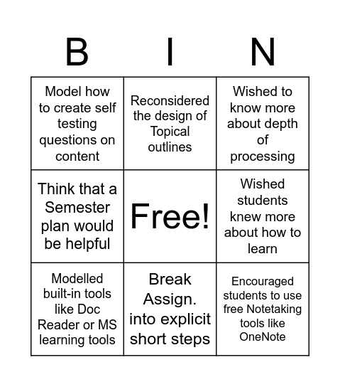 Thriving Through Learning Strategy Bingo W Bingo Card