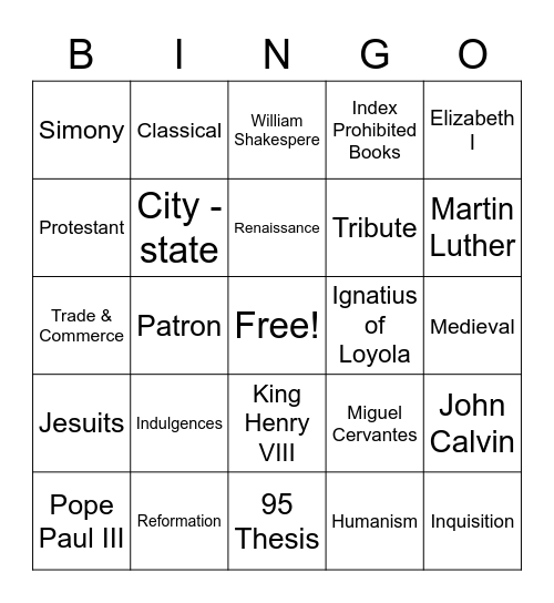 Renaissance & Reformation Bingo Card