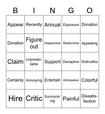 Vocabulary Bingo Card